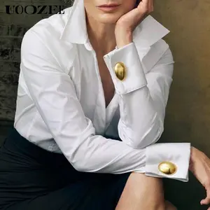 UOOZEE Women's 100% Cotton Long-Sleeve Fitted Button-Down Collared Blouse, Solid Color Lapel Top with Gold Buttons, Lightweight Comfortable Casual Fashion Style, Suitable for 2 Key Occasions & All Seasons (1 Size Up Recommended for C-Cup+)