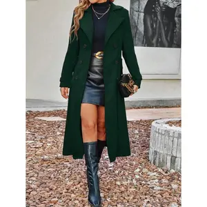 Women's Grey Solid Double Button Lapel Woolen Coat Elegant Long Sleeve Fitted Outerwear for Autumn Winter Basic Casual Jackets Minimalist Formal Style Tops Womenswear Elegance