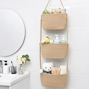 Over the Door Hanging Basket 3-Tier Woven Boho Cotton Rope Storage Organizer with Hooks, Large Wall-Mounted Decorative Jute Baskets for Bedroom Nursery Living Room