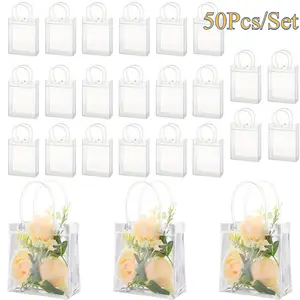 Set of 50 Transparent Plastic Party Favor Bags Bulk, 7.87 X 5.9 X 2.76 Inch Clear Gift Bags with Handles, Small Reusable PVC Tote Goodie Bags for Birthday Wedding Holidays Gifts Wrap