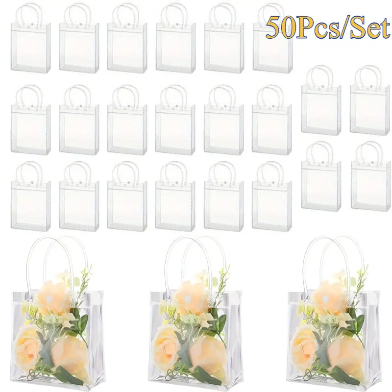 Set of 50 Transparent Plastic Party Favor Bags Bulk, 7.87 X 5.9 X 2.76 Inch Clear Gift Bags with Handles, Small Reusable PVC Tote Goodie Bags for Birthday Wedding Holidays Gifts Wrap