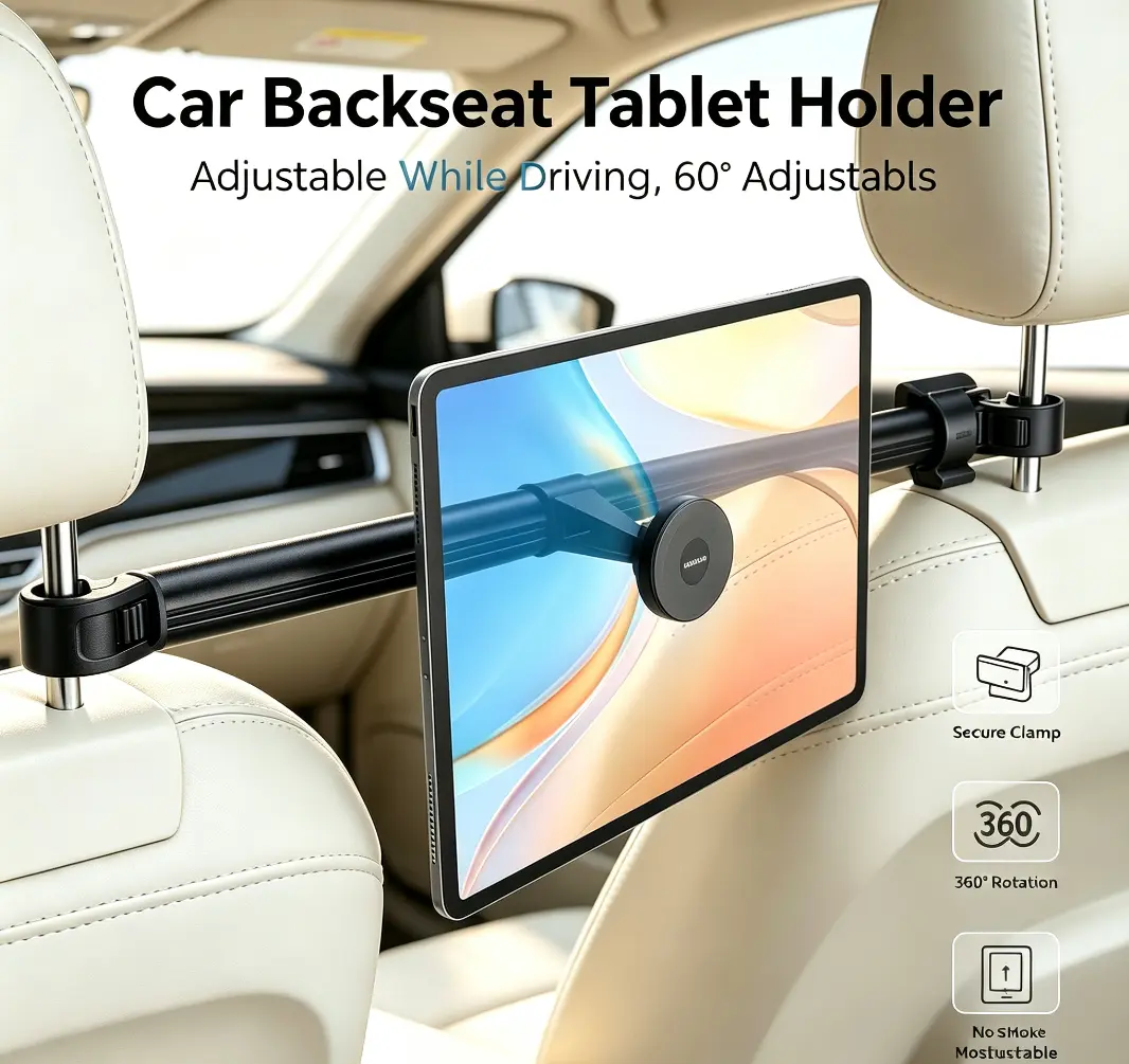 Backseat Tablet   Kids, Adjustable Headrest Mount iPad , 360° Rotation Rear Seat  Tablet &  Mount, Secure Clamp Universal  Entertainment Stand  Road Trips hoder dashboard car   Magnetic CD Slot with Anti-Slip Pads 360 phone for holder mount navigation