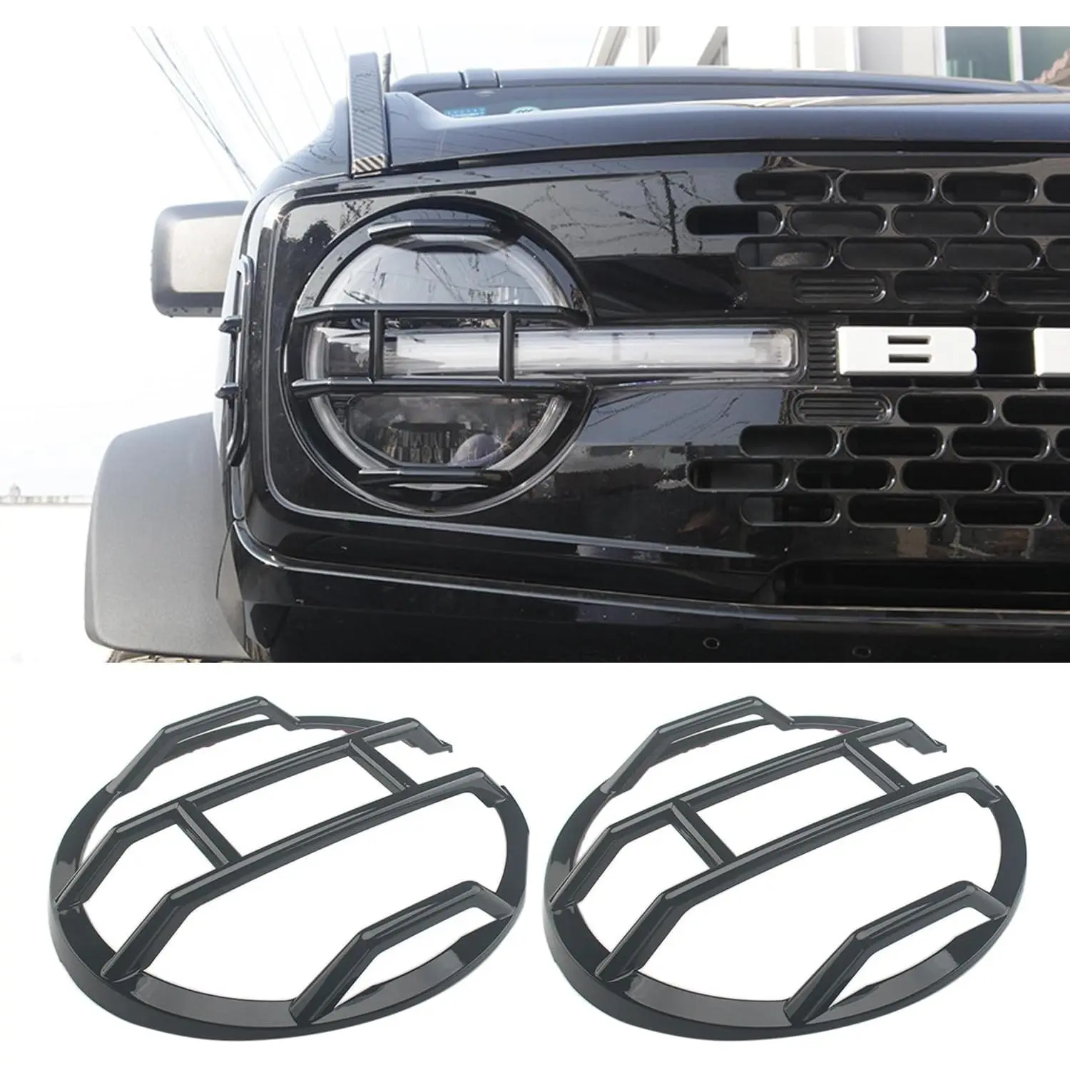 Front Headlight Guards Trim Protector Cover for Ford Bronco 4-Door 2021-2024 Exterior Headlamp Guard Kit Accessories (Golssy Black)