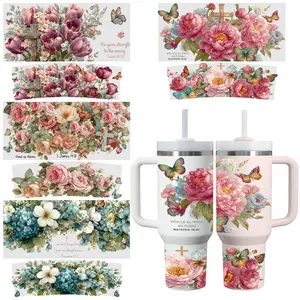 4 Sheets Floral Butterflies Cross Scripture Roses Peonies Leaves Birds Wings UV DTF Stickers for 40oz Tumblers Tumbler Jars Wrap side  eyes  sticker