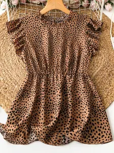 Plus Size Women's Leopard Print Blouse, Shirts, Ruffled Boho Bohemian Fitted Top, Short Sleeves, Summer Casual Wear, Daily, Party, Vacation