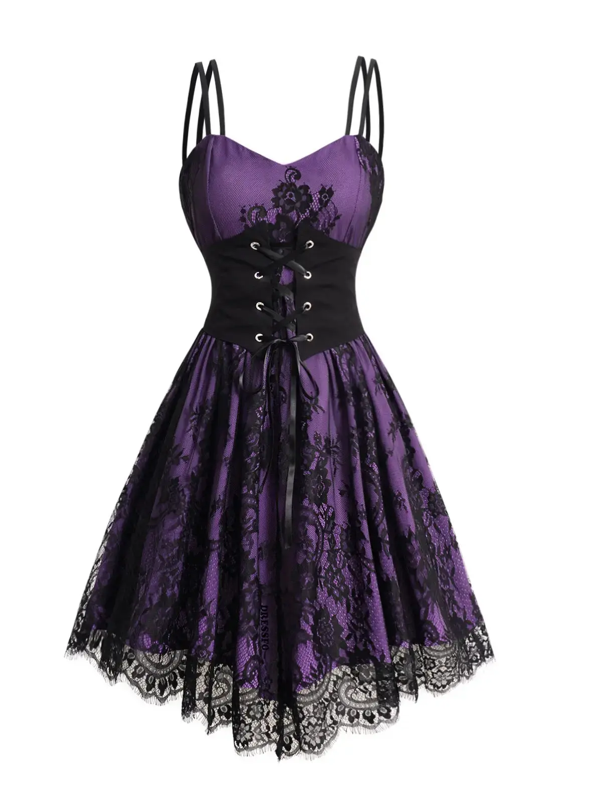 2025 Women's Gothic Dresses Allover Flower Print Lace Mesh Overlay with Corset Belt Double Spaghetti Strap Vintage Cami Dress