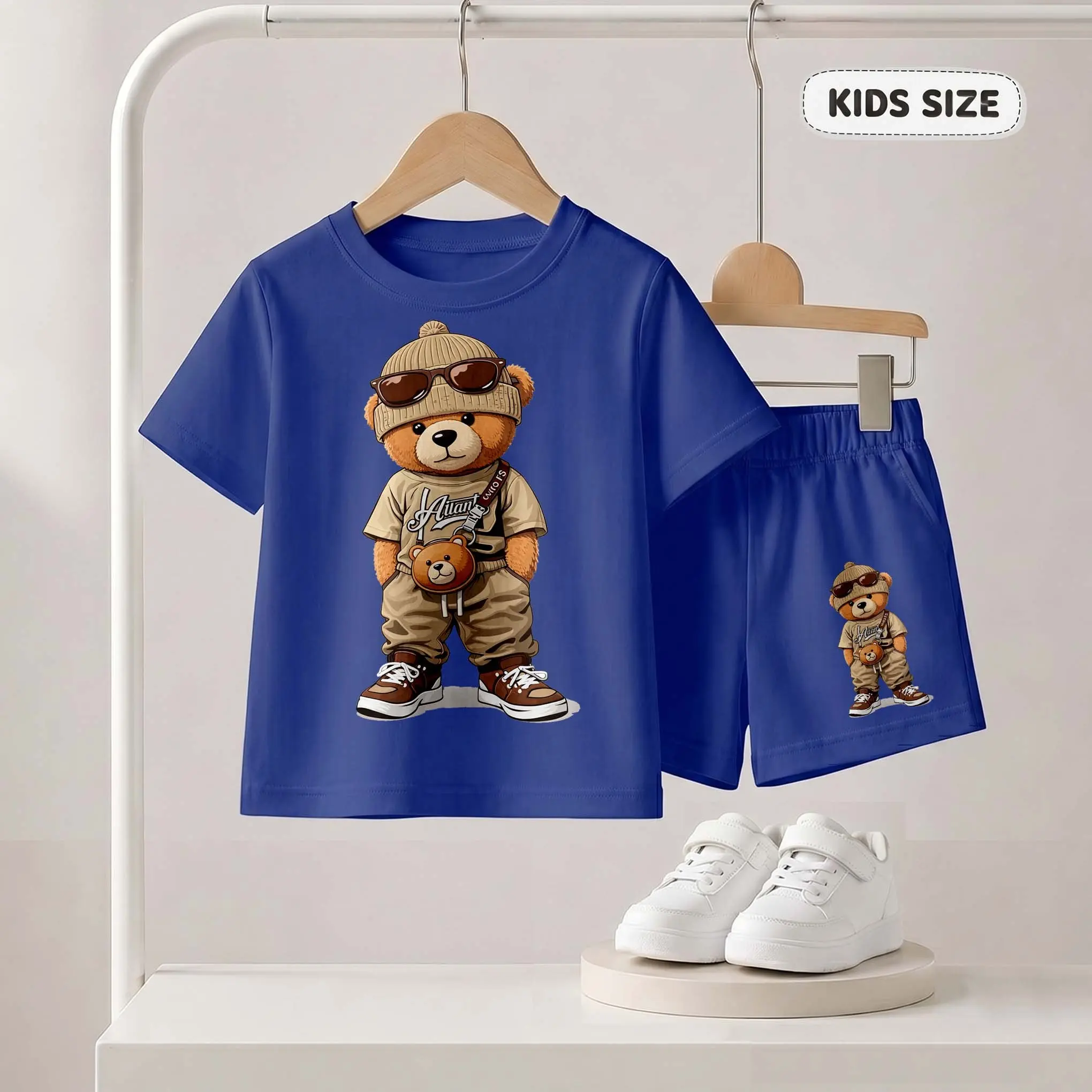 Children's Admit Itlife Bear Cartoon Print Short-Sleeve T-Shirt And Shorts Set—Casual Summer Kids' Clothing. This Round-Neck Outfit Combination Is Perfect For Everyday Wear And Outdoor Play.
