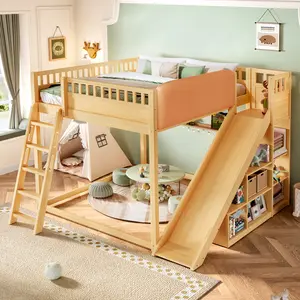 Queen Size Loft Bed with upholstered headboard and storage shelves, complete with ladder and slide, Natural