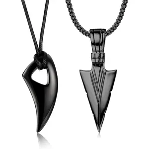 FLORIDECO 2Pcs Stainless Steel Pendant Necklace for Mens Spearpoint Arrowhead Wolf Teeth Pendant Chain Necklace Set Daily High Polished Adjustable Cord