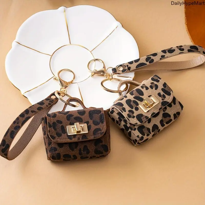 Women's Leopard Print Keychain, PU Leather Wristlet with Mini Coin Pouch, Trendy Bag Charm and On-the-Go Accessory for Women, Accessories For Women