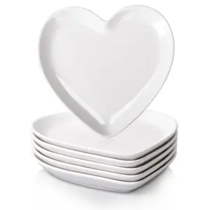 Heart Shaped Dessert Salad Plates- 6 Pack, 7.3 Inch Ceramic White Dinner Plates Microwave & Oven Safe, Thanksgiving & Christmas Day Gifts