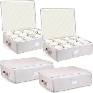 4 Pcs Stackable Cup & Mug Storage Box with Dividers, Lidded Storage Container with Zipper Handle & Insert Label Cards, Holds 12 Coffee Mugs Tea Cups Wine Glasses, Yellow
