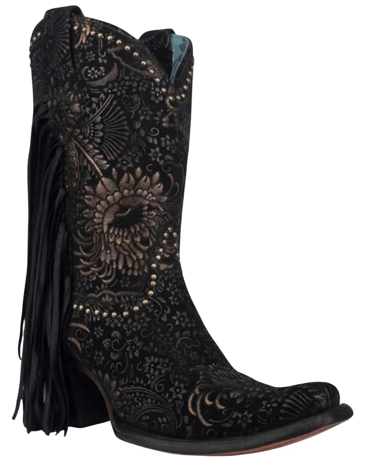 Corral Women's Women'S Stamped Floral Suede Fringe Western Boot Square Toe - A4492