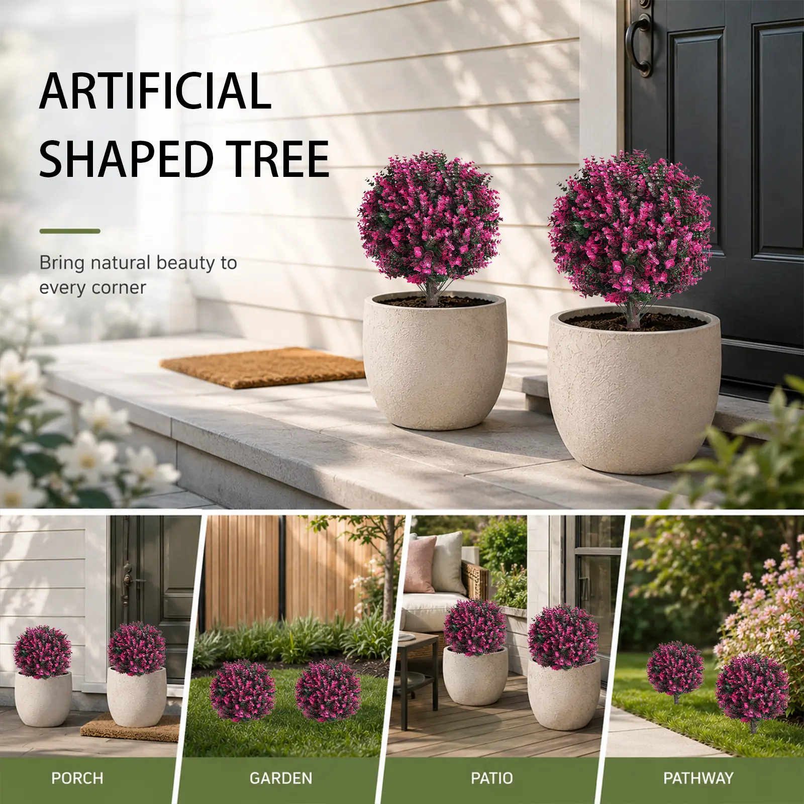 2-Pack Artificial Eucalyptus Topiary Balls with Detachable Ground Fixing Spikes - UV-Protected, Weatherproof Plastic Leaf Landscape Decor, Faux Hedge Shrubs for Front Porch, Lawn Curb Home Makeover