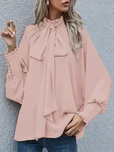 Women's Solid Color Tie Neck Blouse, Elegant Bishop Sleeve Top for Spring & Fall, Women's Clothing for Daily Wear, Long Sleeve Shirt Women, Womenswear, Casual Bishop Sleeve