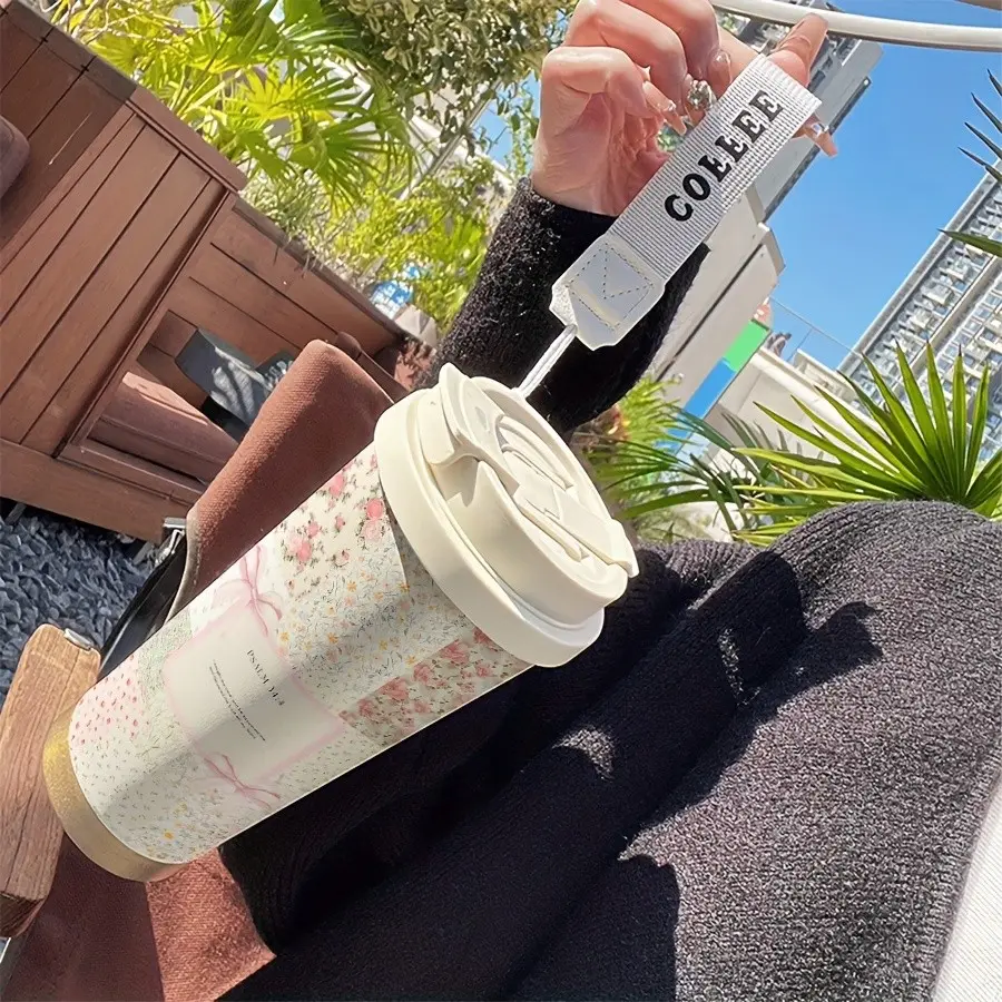Floral Bible Coffee Cup, 530ML Insulated Travel Mug with Straw and Lid, Leak-Proof, Suitable for Hot/cold Drinks, Perfect Gift
