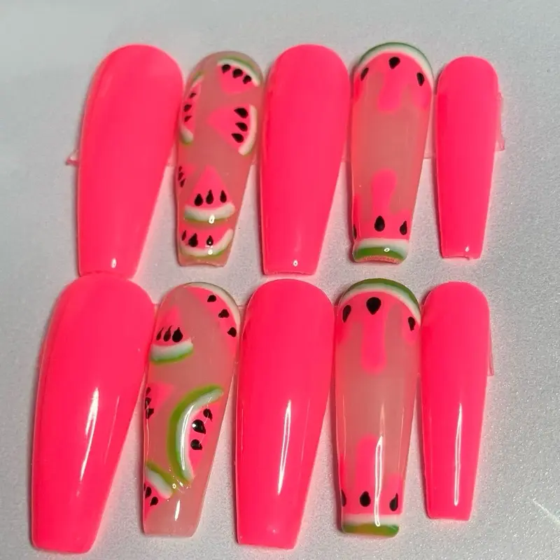 Handmade Summery Long Coffin Shaped Pink Watermelon Press On Nails
