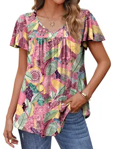 Womens Plus Size Tops Ruffle Short Sleeve Tunics Cute Pleated Babydoll Shirts Summer Casual V Neck Boho Blouses