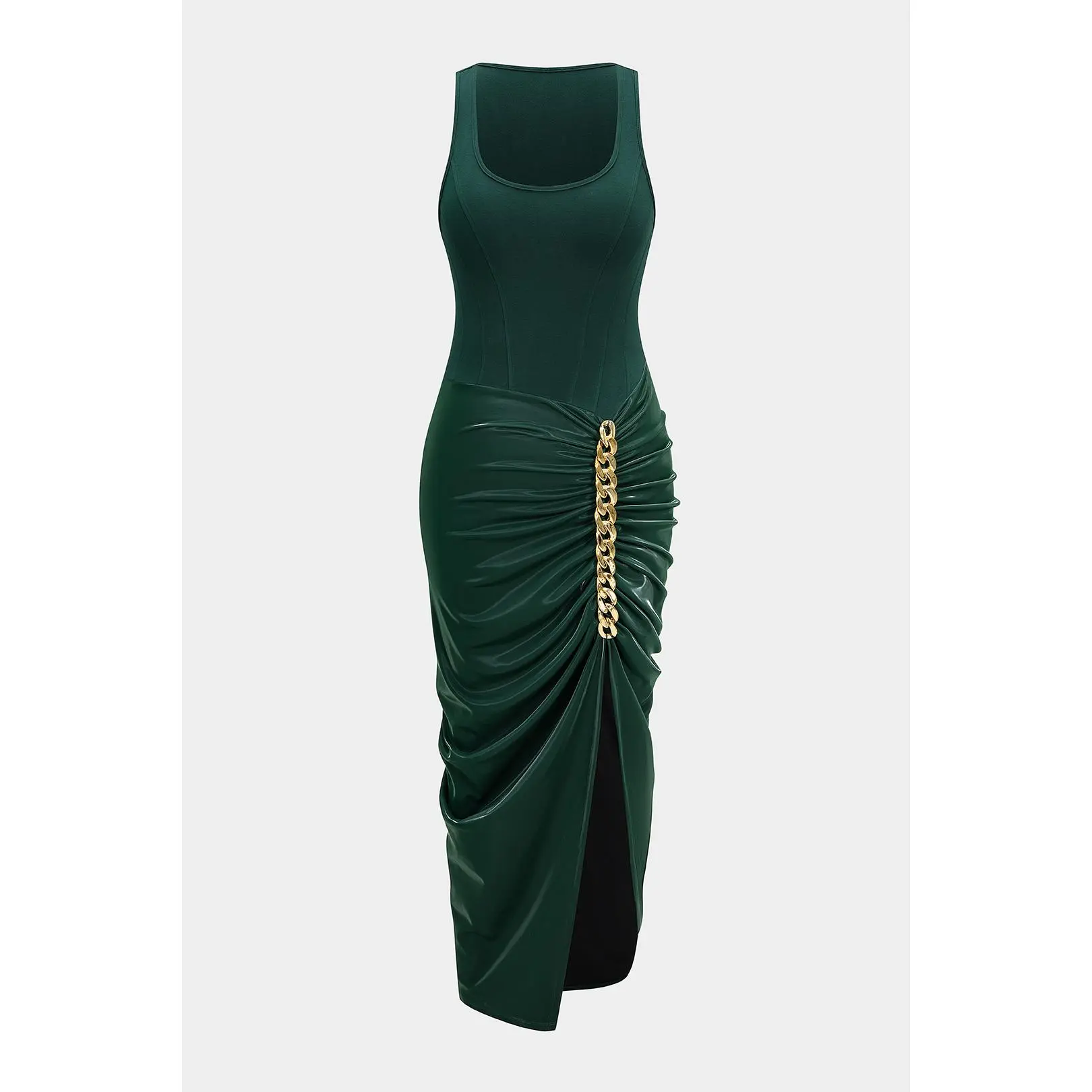 Metallic Chain Ruched Sleeveless Midi Dress