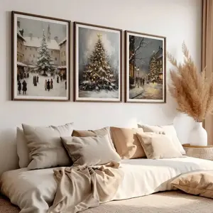 3pcs Nordic Country Santa Christmas Tree Canvas Paintings, Wooden Frame Wall Art for Living Room Home Decor, Winter Holiday Scene