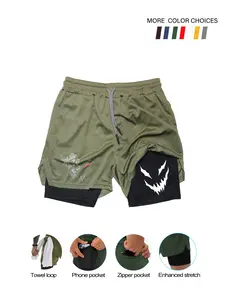 Men's Sporty Multi-Pocket Two-In-One Shorts, Fitted Polyester Fabric, Fall & Winter Casual Running Fitness Wear, Indoor Outdoor Use, Running Workout Shorts