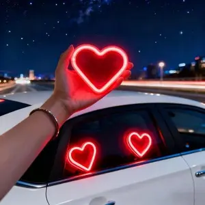 Solar Powered Wireless LED Heart Shape C-Pillar Neon Light with Five Lighting Modes for Car Interior Decor Romantic Atmosphere Lights Eco-Friendly Modern Stylish Look Perfect Gift