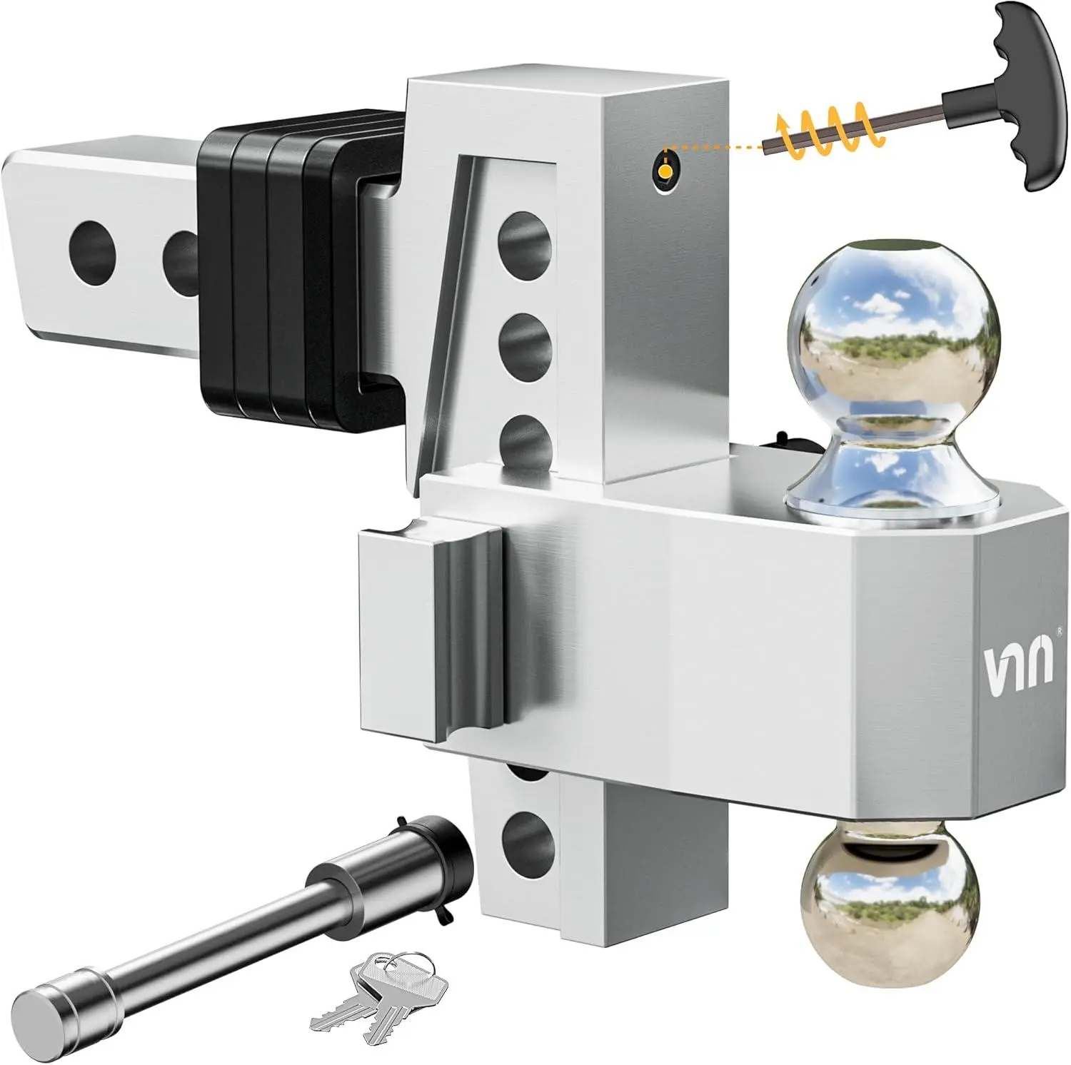PPOLB Adjustable Trailer Hitch with 10-Inch Drop – Dual-Ball (2" & 2-5/16") Hitch for 2-Inch Receiver, 15,000 lbs GTW, Heavy-Duty Ball Mount – Silver