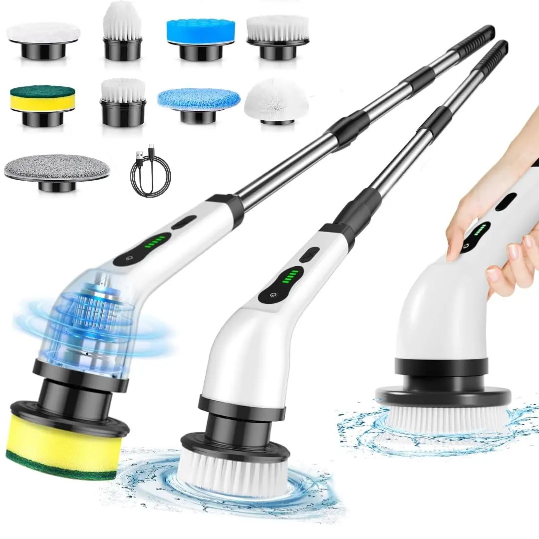Electric Spin Scrubber, Cordless Shower Cleaning Brush with Replaceable Brush Heads, Adjustable Speeds, and Adjustable Extension Handle for Bathroom Floor and Tile, Home Cleaning Tool