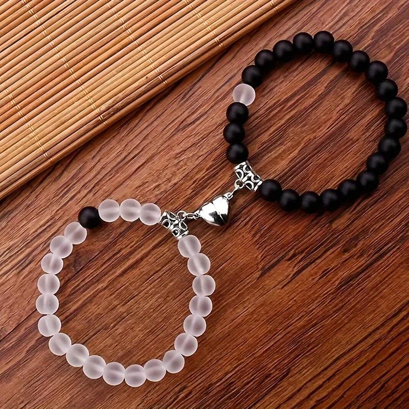 4pcs/Set Charms Elegant Charms Black & White Stretchable Heart Matching Bracelets, Ideal Gift for Best Friends, Couples, Family Members, Charms Handmade Beaded Bracelet Set Valentine's Day Jewelry Gift