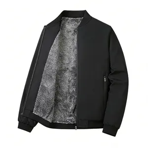 Men's Thick Fleece Bomber Jacket, Solid Windproof Winter Coat, Casual Long Sleeve Outerwear with Zipper Pockets, Longsleeves