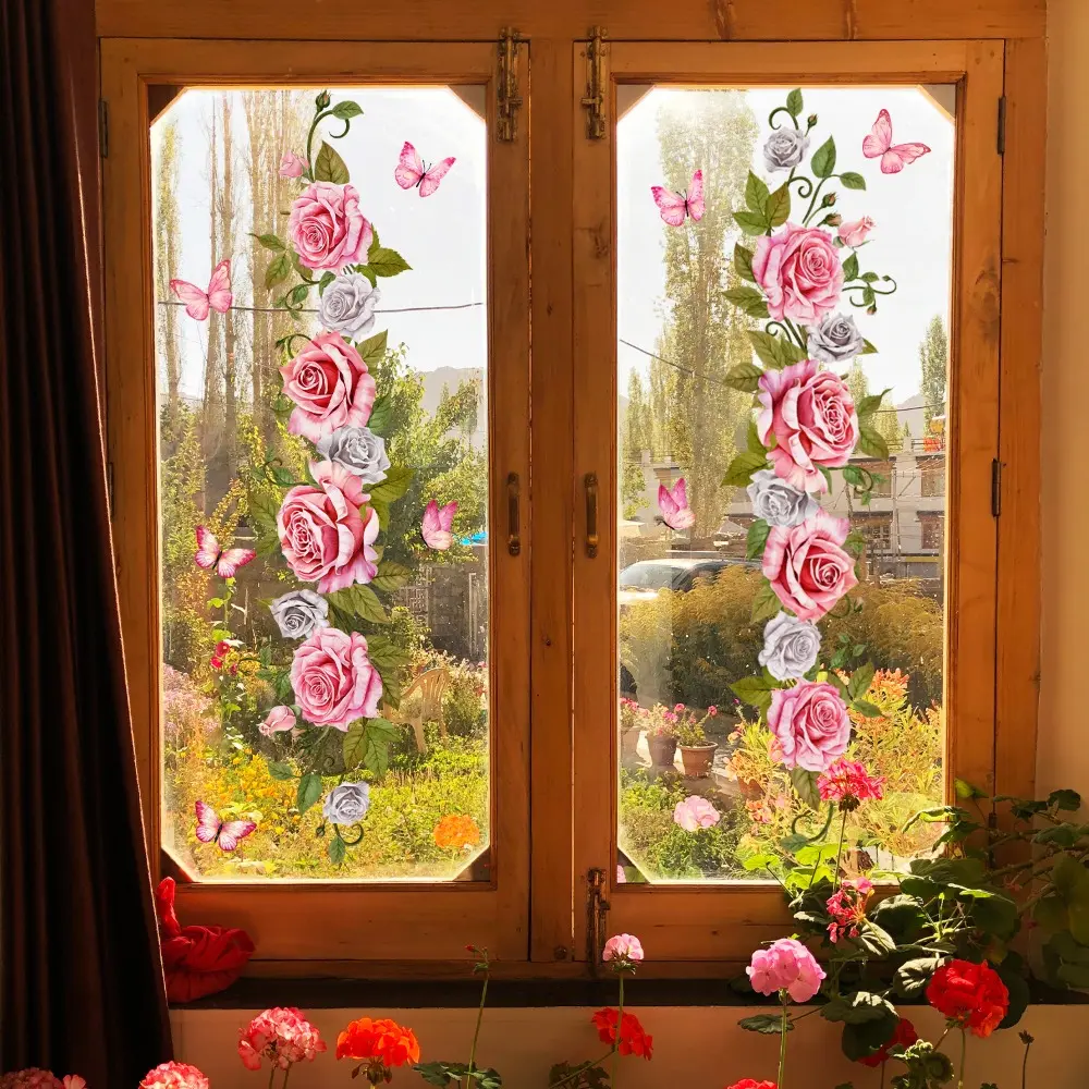 4Pcs 15x60cm Spring Summer New Creative Rose Glass Window Sticker Self-Adhesive for Bathroom Bedroom Home Decoration Adhesive Decals
