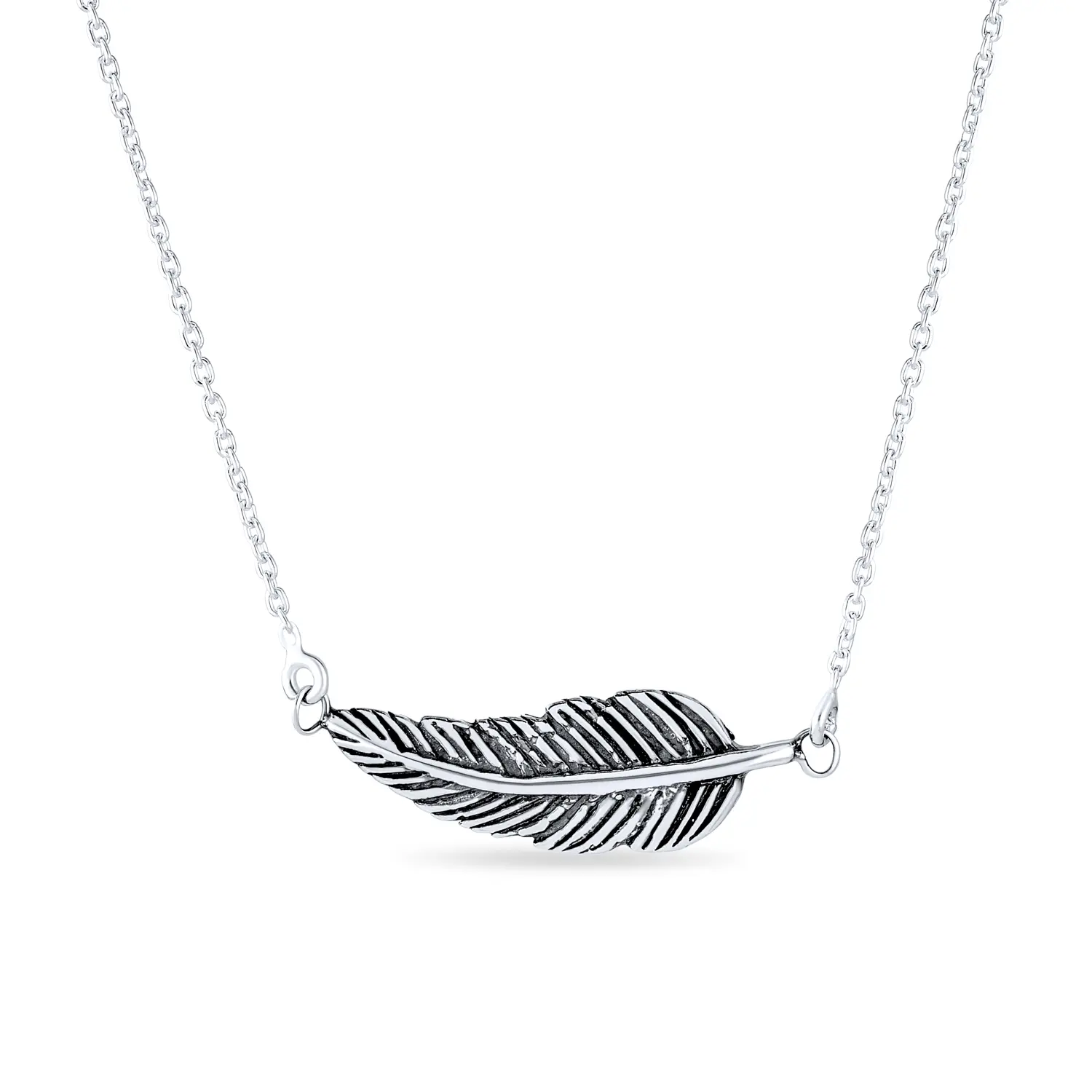 Native American Sideways Nature Leaf Feather Pendant Necklace Sterling Silver