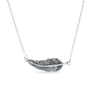 Native American Sideways Nature Leaf Feather Pendant Necklace Sterling Silver