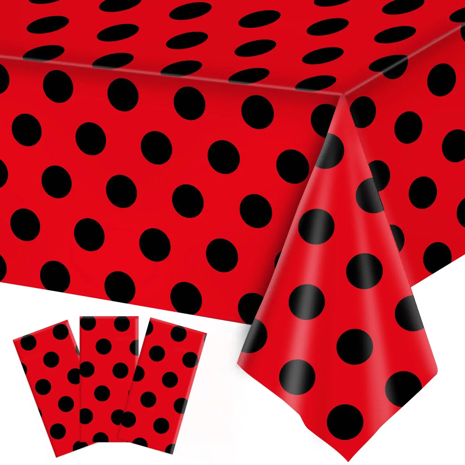 3 Packs Ladybug Party Tablecloths Lady Bug Theme Party Plastic Touchdown Table Cover for Black and Red Dots Ladybug Birthday Party Decorations Supplies Vintage Polka Dots Backdrop， 54" x 108"