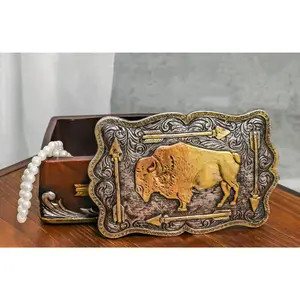 Western Wild Bison Buffalo With Native Indian Arrows Tooled Concho Trinket Box