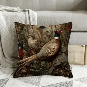 1pc Vintage Hunting Decorative Pillow Cover - Single-Sided Cushion Case with Pheasant, Partridge, Quail, Duck & Grouse Patterns - Rustic Farmhouse Style in Earthy Tones, Perfect for Thanksgiving, Best for Christmas, Perfect for Room or Sofa