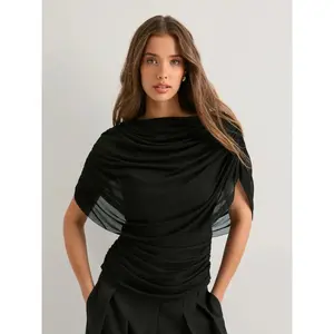 Elegant one-shoulder shirt with sheer shawl sleeves, pleated design, smooth fabric, simple, minimalist, women’s fashionable top, shirtGARMENTARY