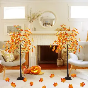 2Pack 4FT 48LED Lighted MapleTree Artificial Tree Light, Fall Decor Halloween Tree with Timer for Indoor Bedroom Autumn Harvest Thanksgiving Home DIY Holiday Decorations (Warm White)