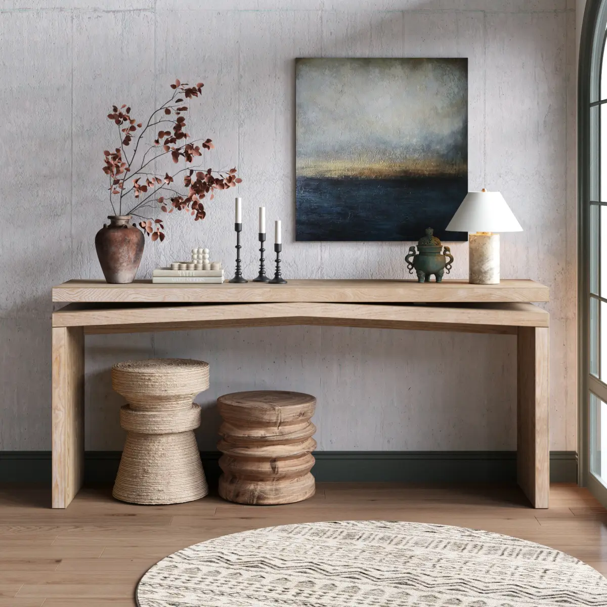 65-Inch Rustic Solid Wood Veneer Console Table - Farmhouse Home Decor, Entryway Table, Wood Grain, Split Sled Base, Antique Natural Finish, for Living Room & Hallway, with Weight Capacity summerwins,