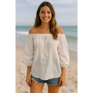 Free People White Off Shoulder Peasant Blouse Boho Bohemian Sz L
