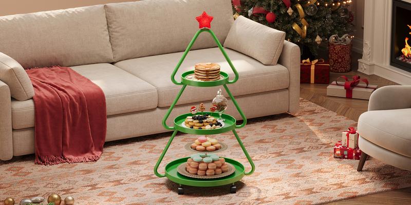 【New Year New Me】Pinmoco Christmas Tree Snack Shelf Cart, Halloween & Christmas Decorations Cupcake Tray Holiday Festival Wedding Bar Party Supplies, 3-Tier Rolling Stand for Festive Decor & Food Display