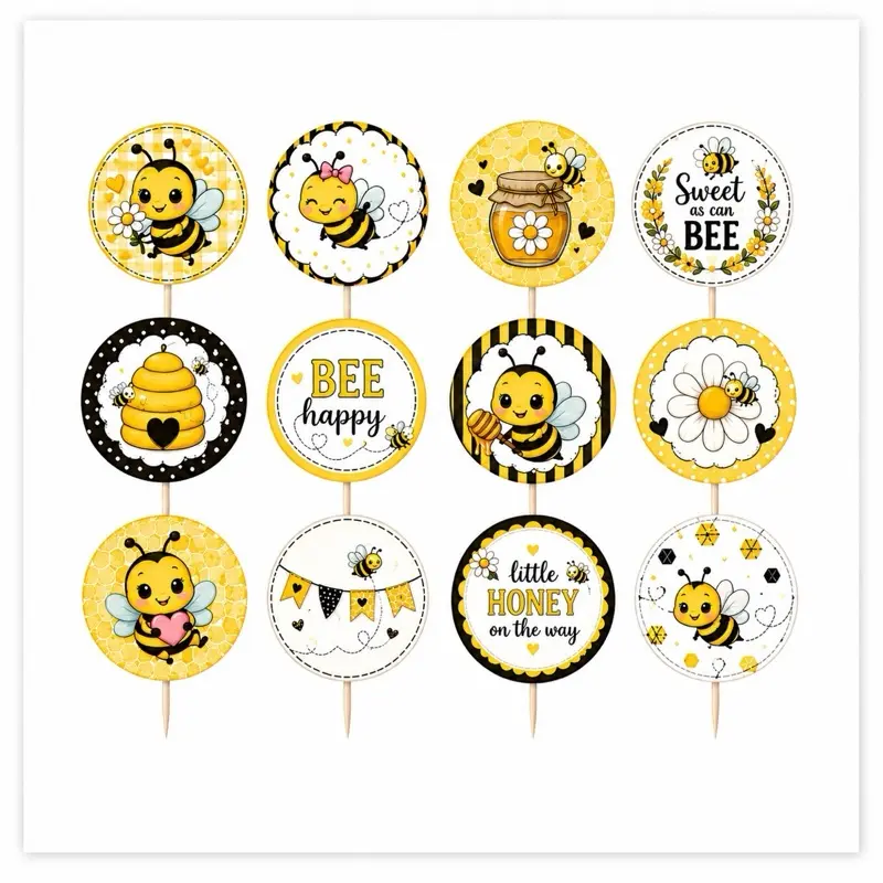 12 Bee Cupcake Toppers | Bee Birthday Party Decorations | Baby Shower Cake Picks | Single or Double Sided