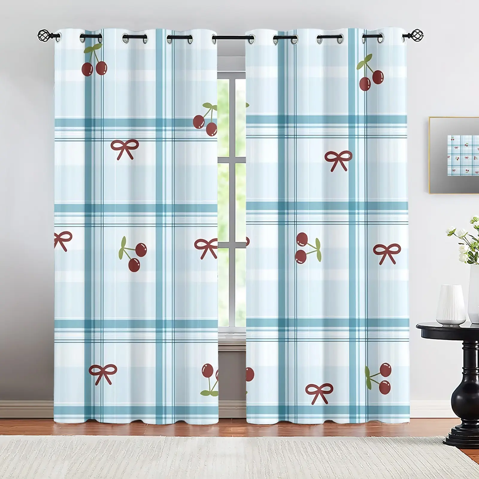 2-Piece Light Blue Checkered Cherry Bow Window Curtain Set Window Drapes. Cute and minimalist Korean-style design perfect for bedroom and living room decor. Light-blocking rate: 50%–70%.