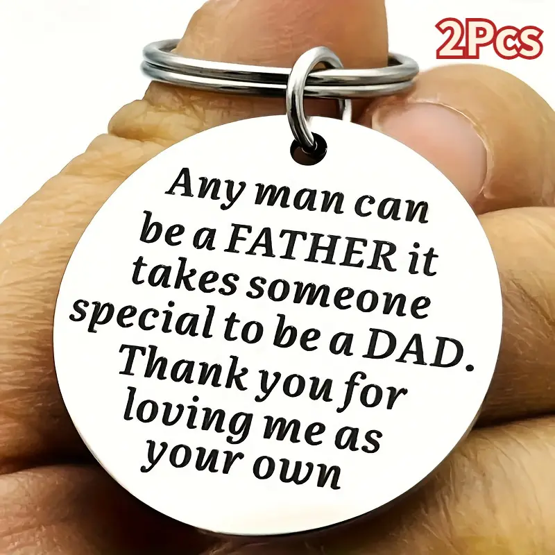 2Pcs Stainless Steel Step Dad Keychains - Engraved Inspirational Quote Metal Round Keyrings, Dad Gifts for Father's Day, First Father's Day Gifts, Universal Tailgating Fit