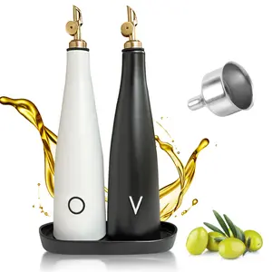 HINTERHILL Modern Ceramic Oil and Vinegar Cruet Set With Auto Closing Spout Stainless Steel Dispenser Matching Tray for Kitchen Utensils