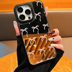 Bow Phone Case Cover with Mirror, Shockproof Durable, Compatible with iPhone 11-17 Pro Max, Includes Makeup Mirror