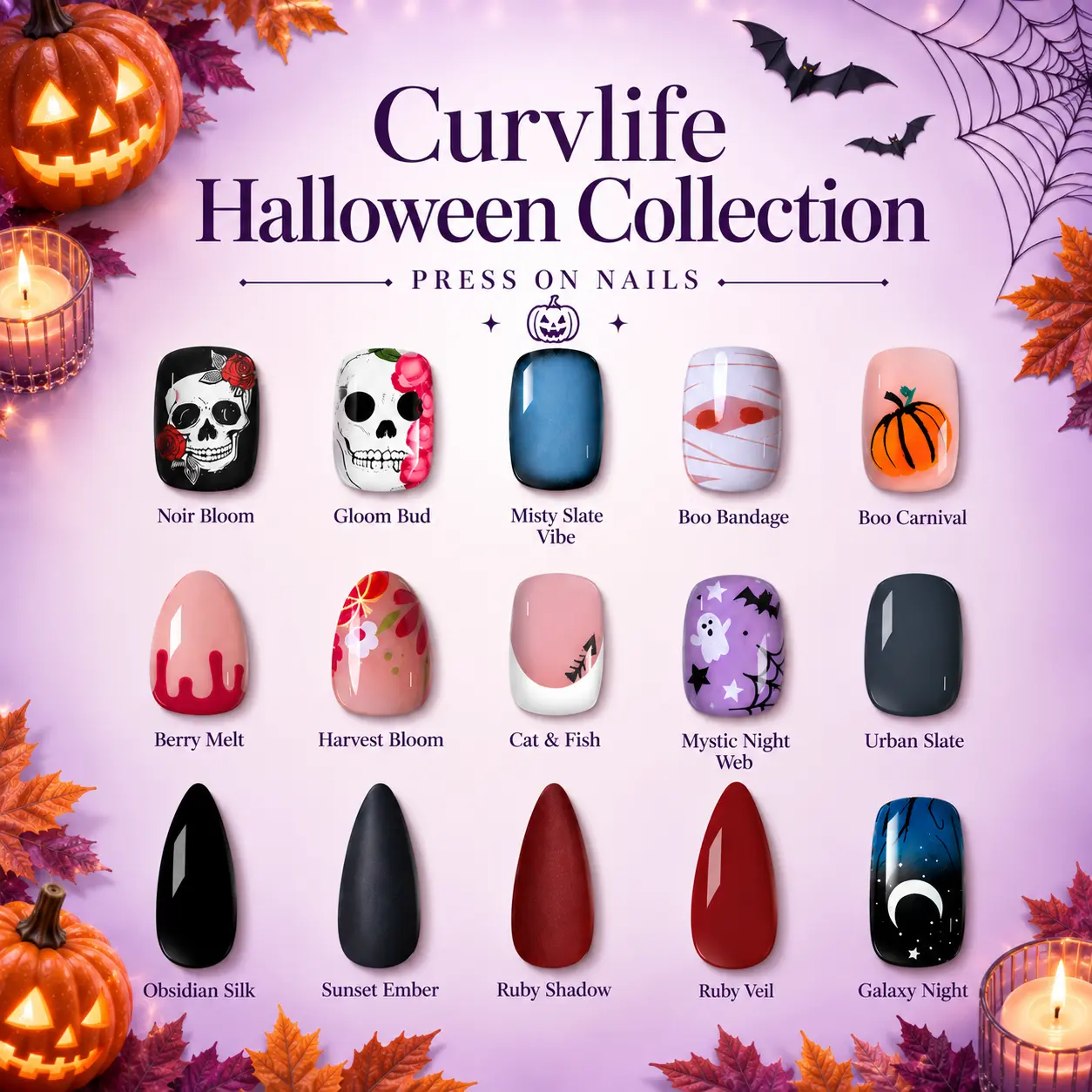 Curvlife Halloween Press on Nails Collection|32 PCS|Glossy Full Cover Acrylic Glue on Stick on Nails for Women and Girls|Cute Ghost Pumpkin Bat Spider Web Black Orange French Tip Reusable False Nails|Halloween Nail Art Kit|Salon Quality Fake Nails