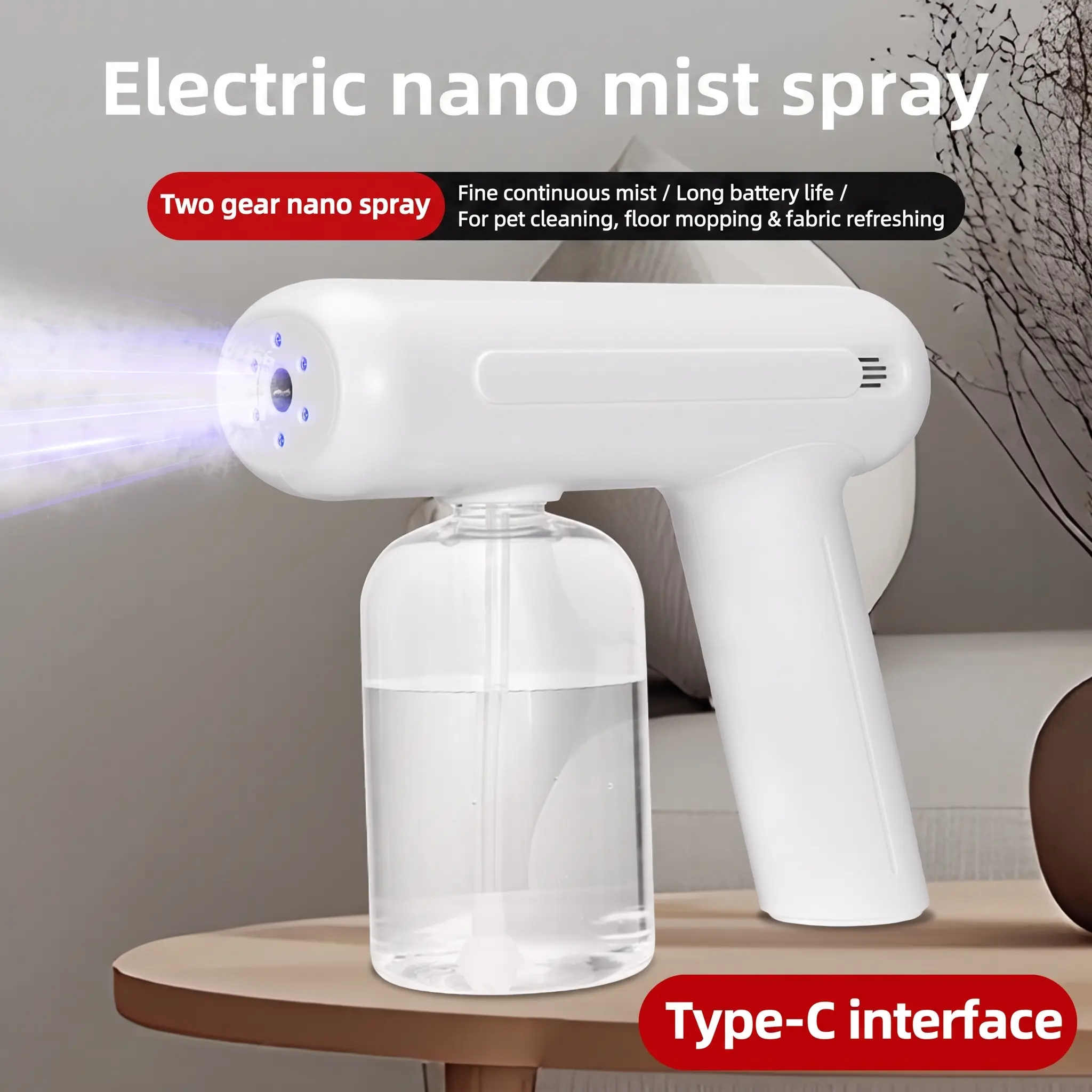 Cordless Electric Nano Mist Sprayer for Dogs & Cats - Handheld Atomizing Spray Gun, 2 Adjustable Modes, Blue Light, Type-C Rechargeable, Pet Grooming Deodorizing Tool for Home Cleaning