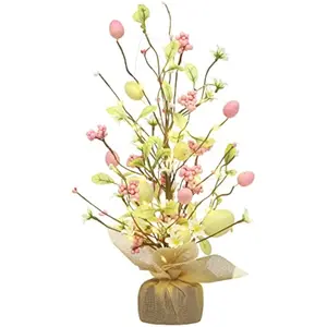 Easter Decorations, 18 Inch Pre-Lit Easter Egg Tree Tabletop Decor with Delicate Ornaments, for Home Party Wedding Holiday Spring Summer Decoration, Yellow/Pink.