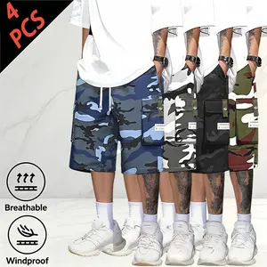 Men’s camouflage cargo shorts, 7/8 length, 4-pack  street style at full throttle! Breathable windproof fabric, large-capacity utility pockets, drawstring elastic waistband for easy on/off—comfortably handles everyday summer wear, workouts, and outings.